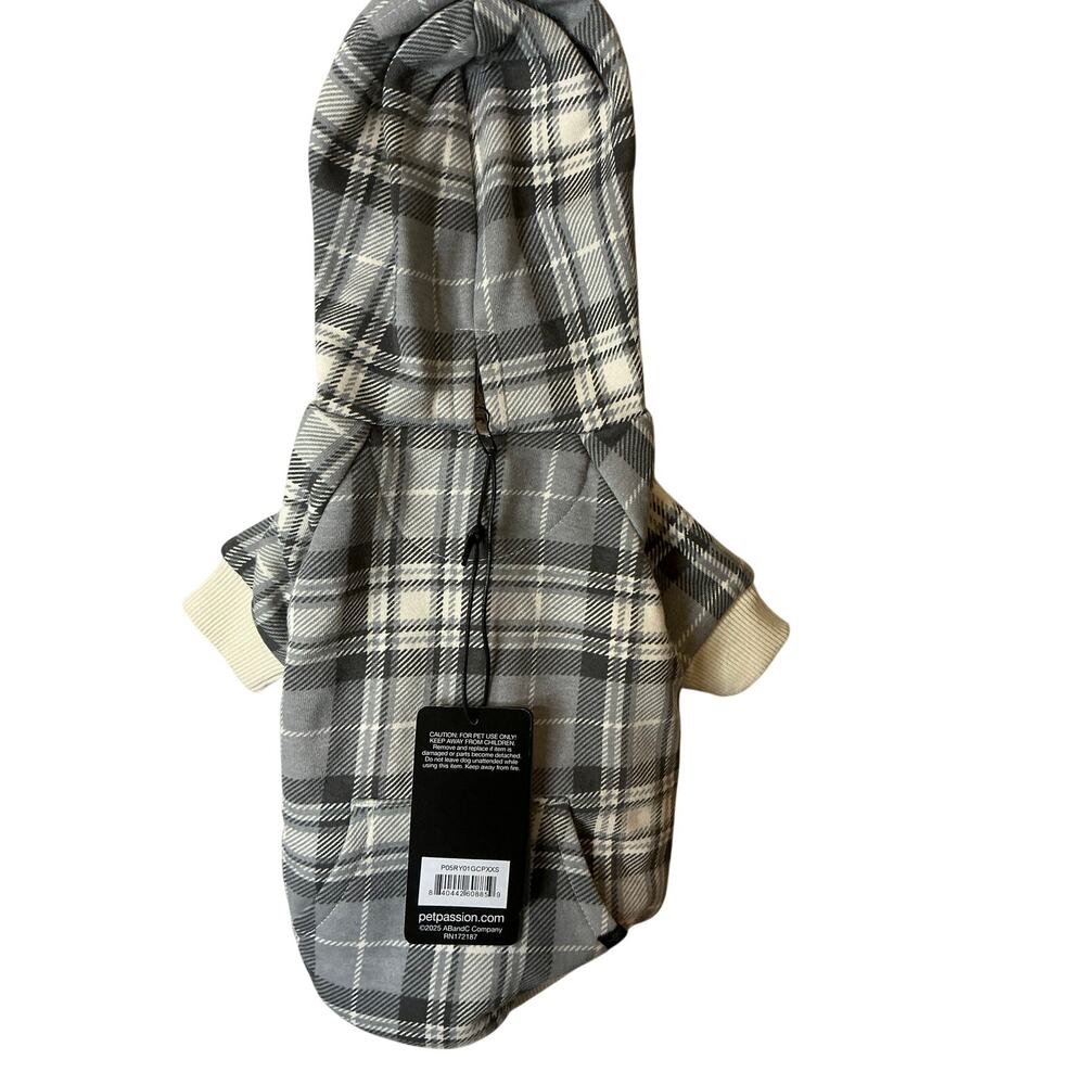 Pet Passion Rocky II Extra Plush Comfy Hoodie XXS Gray Chesterfield Plaid NWT